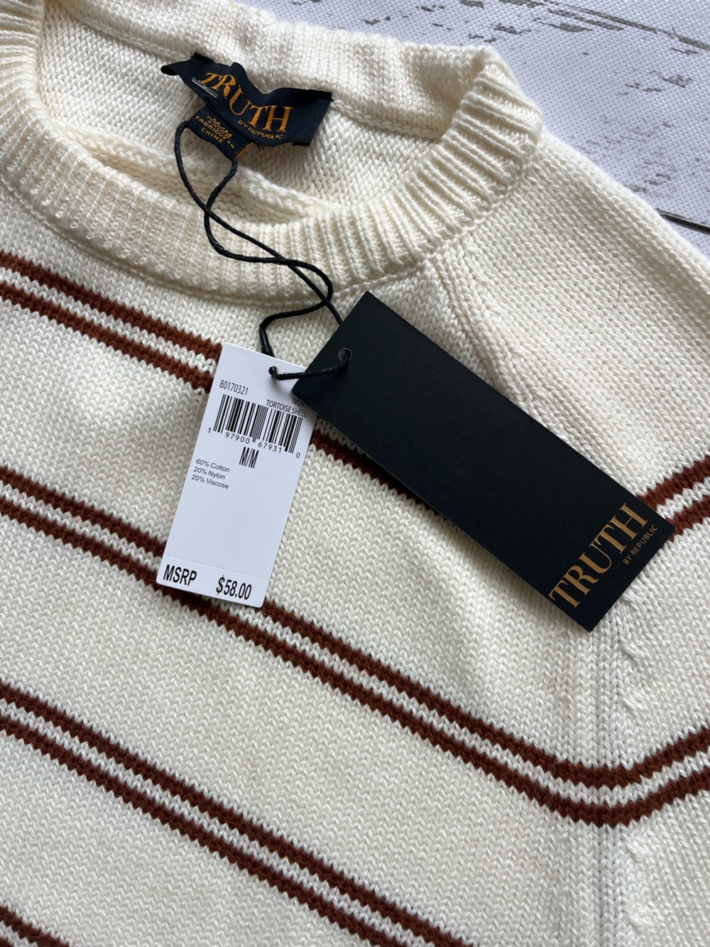 NWT Truth by Republic Ivory Brown Striped Short Sleeve Knit Sweater Top cropped - Picture 2 of 5